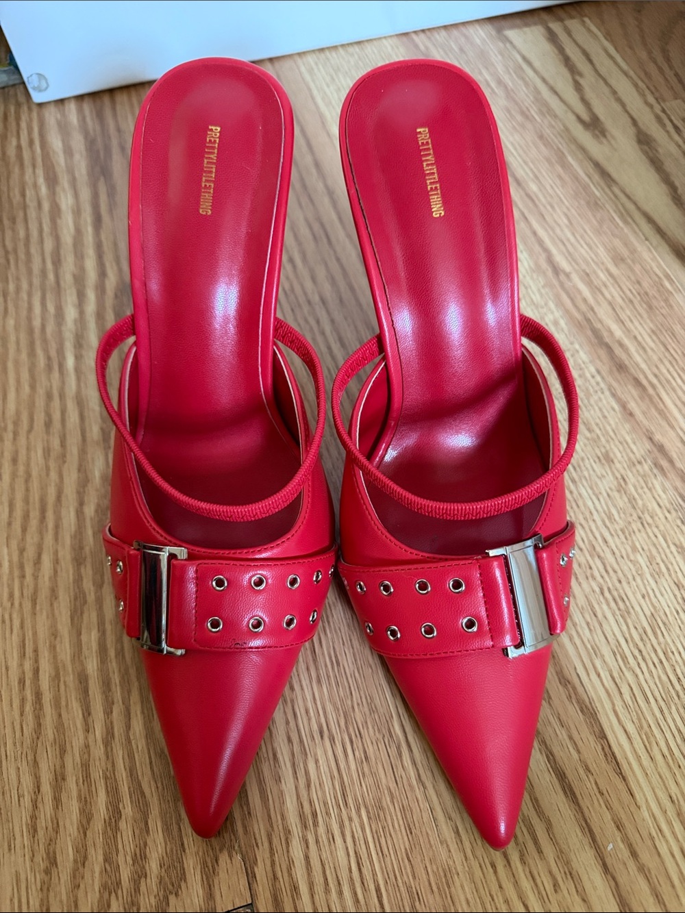 PrettyLittleThing Red Pointed Buckle Mule Heels